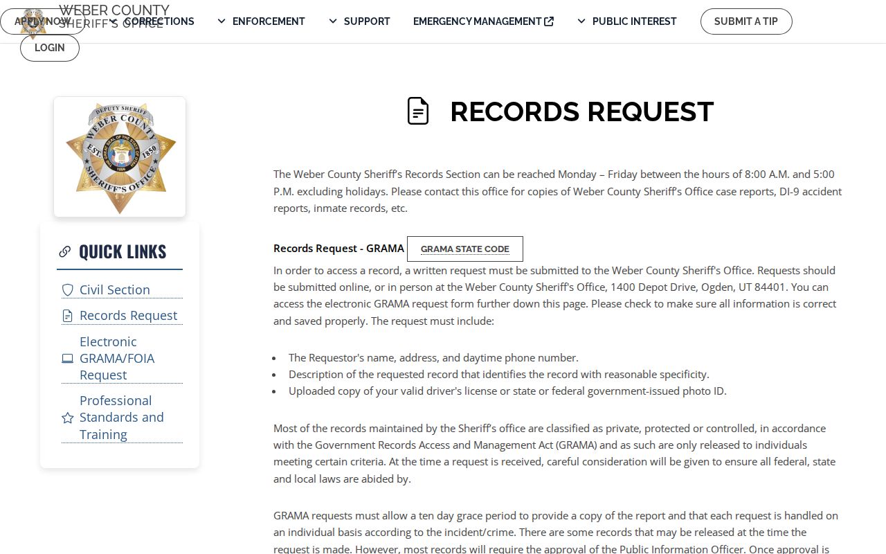 Morgan County booking records use the official Weber County Sheriff Records request page